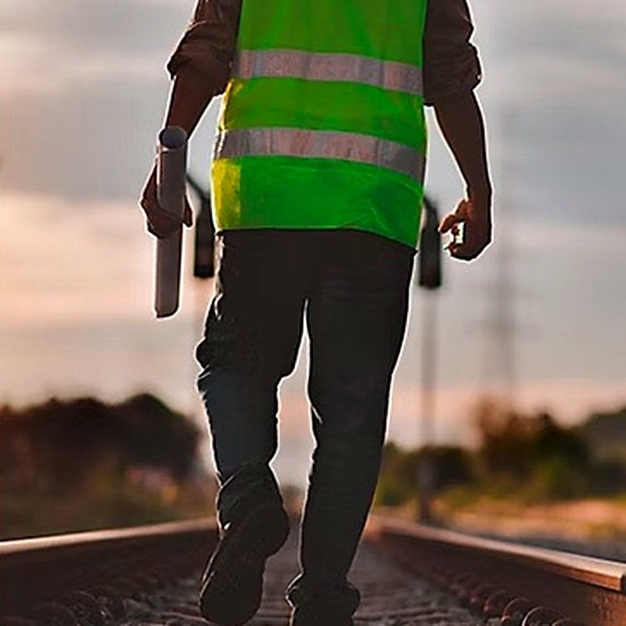 Profissional da TZB caminhando sobre a via com pranchas de projeto em mãos